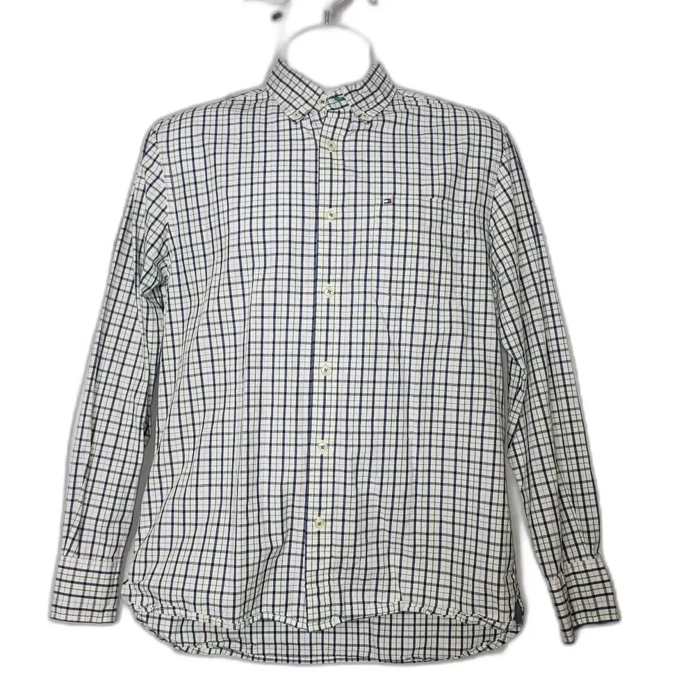 TOMMY HILFIGER Blue Green and White Button Down Dress Shirt Mens Size Medium